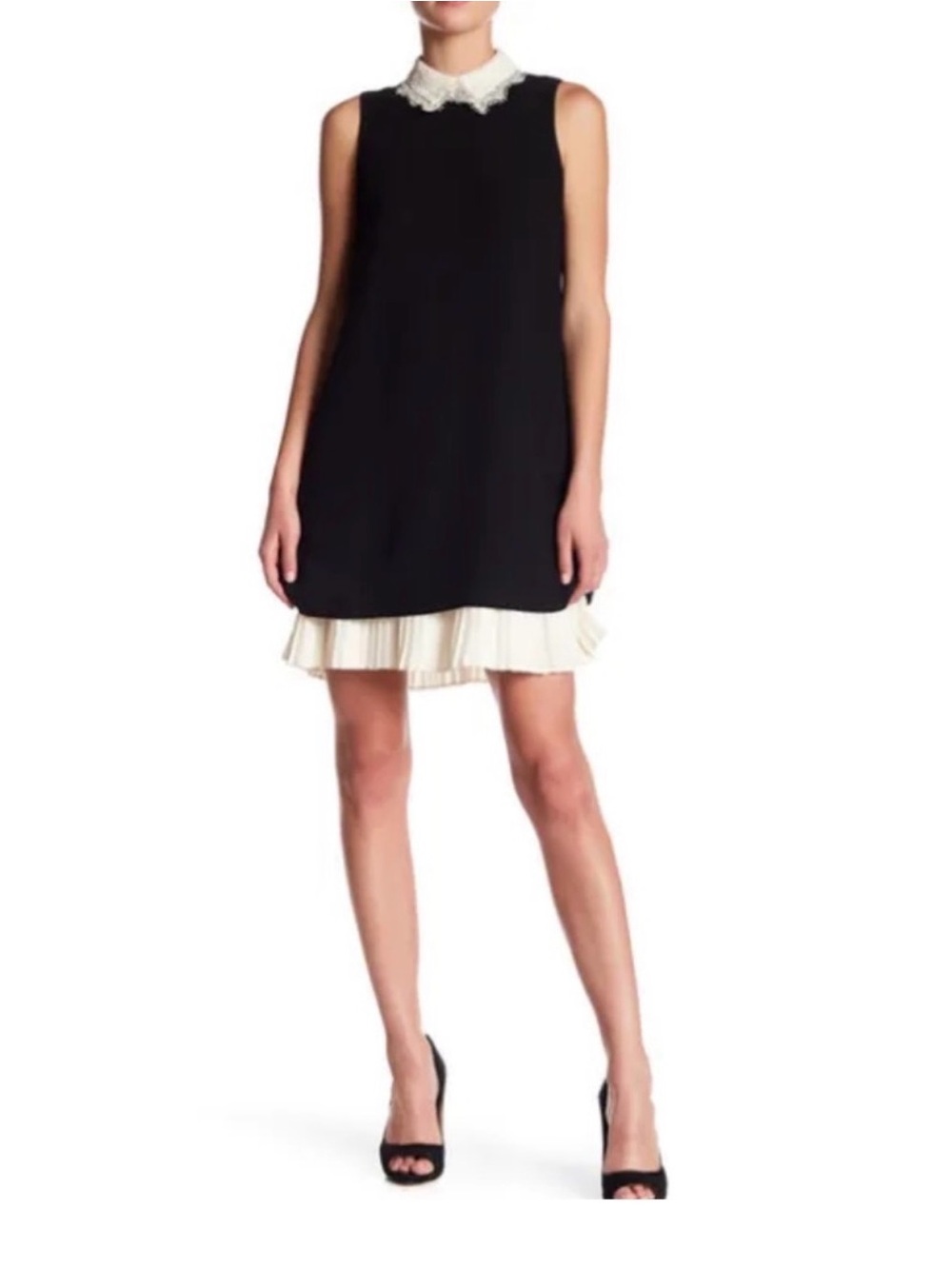 Nanette Lepore Black Mini Dress with Cream Lace Collar and Pleated Hem - Picture 1 of 8